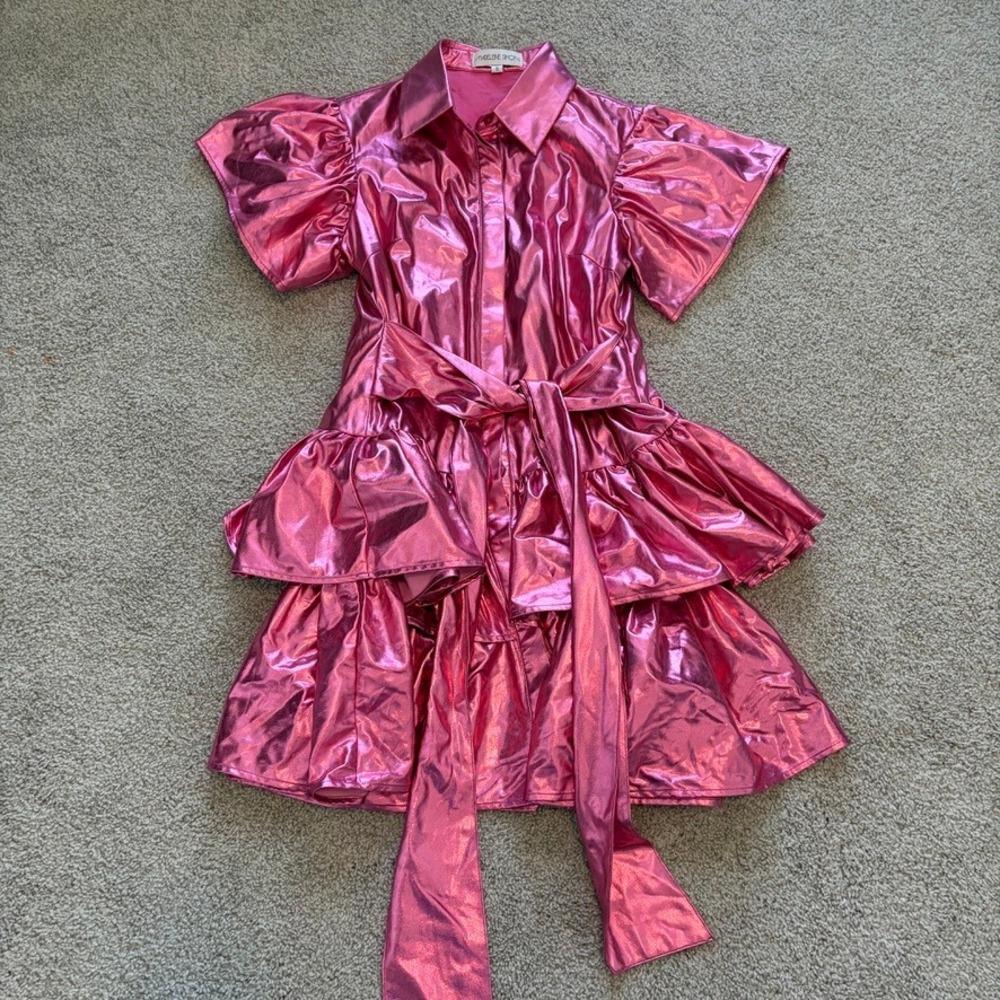 Madeleine Simon Dragon Fire Dress Womens S Pink Metallic Ruffle‎ Barbie Glam